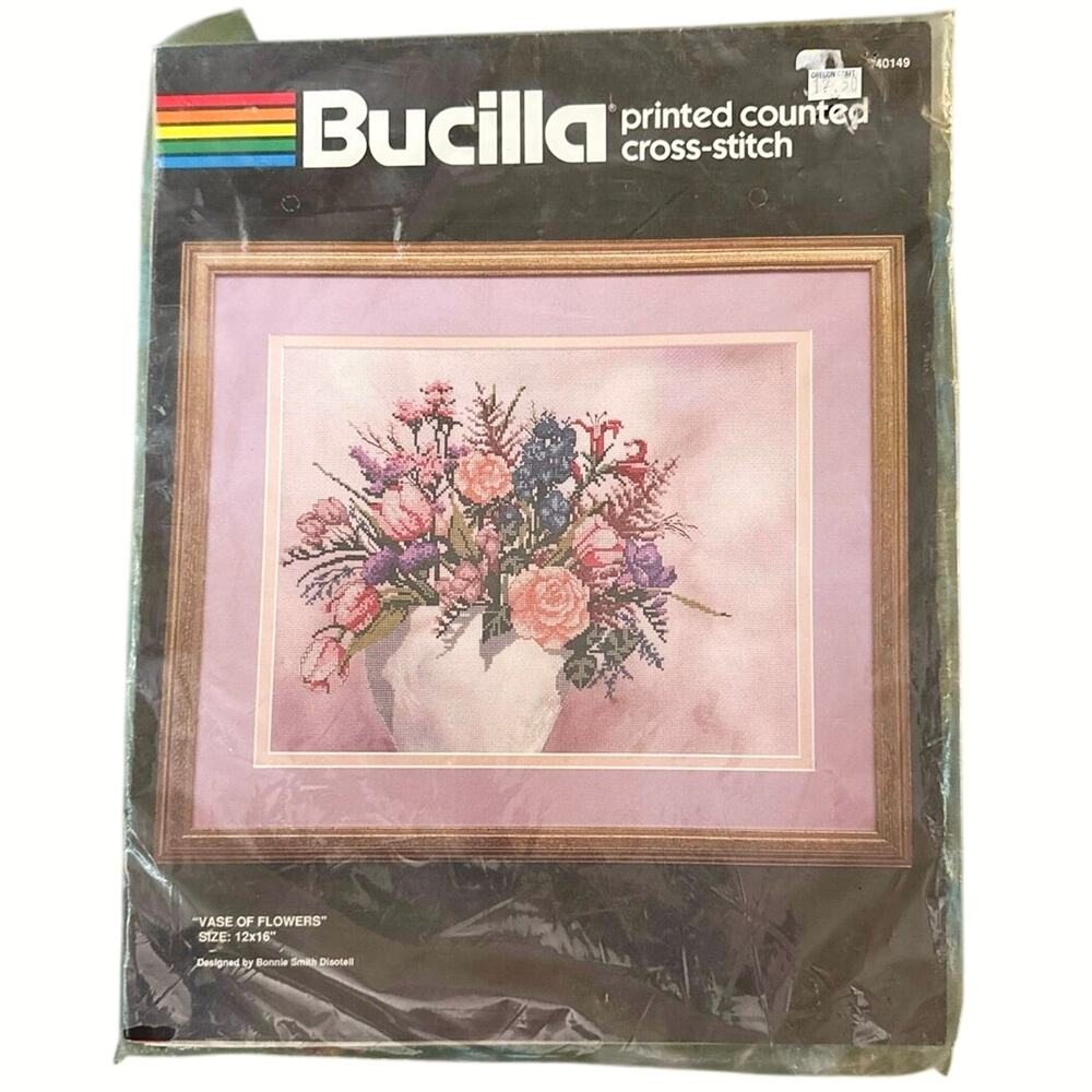 Vintage Bucilla Cross Stitch Kit • “Vase of Flowers” • 12x16 • Sealed NOS